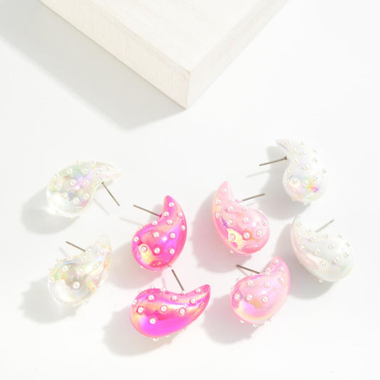 Puffy Pearlescent Teardrop Earrings With Pearl Details. - Pre-Order