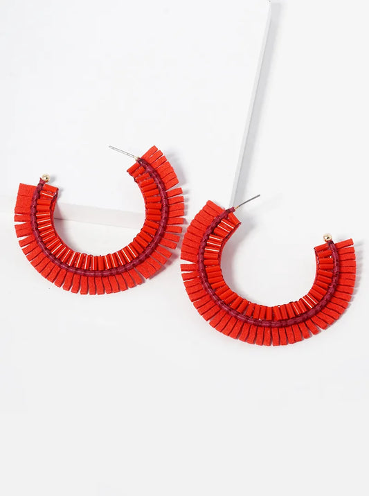 Red Suede and Beads Round Hoop Earrings.