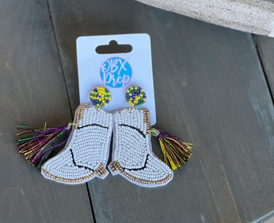 Mardi Gras Boots Seed Beaded Dangle Earring - OBX Prep