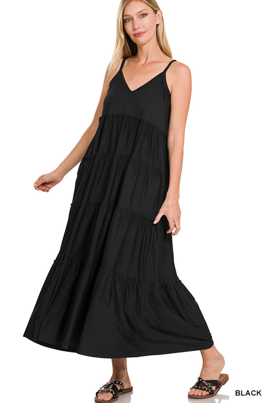V-neck Cami Maxi Tiered Dress with Side Pockets.