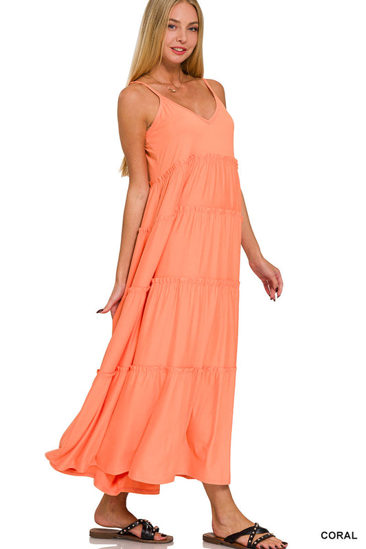 V-neck Cami Maxi Tiered Dress with Side Pockets.